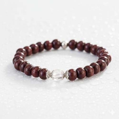 Avoirr 8mm-Red Sandalwood & Clear Quartz Bracelet | Handcrafted Spiritual Beads Jewelry | Meditation, Clarity & Balance Bracelet | Unisex Stretch Bracelet-Natural Wooden & Crystal Healing Beads- 7 Inches