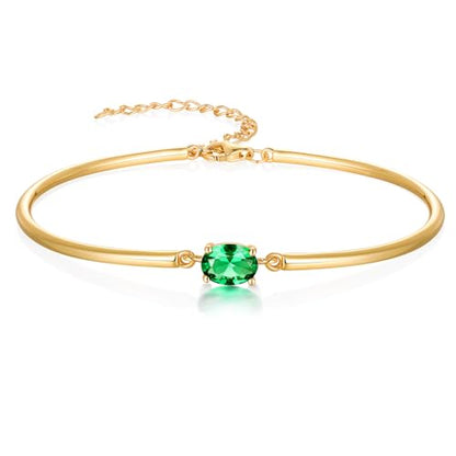 Moissanite/Sapphire/Ruby/Emerald Cuff Bracelet 1 Carat Oval Cut Center Stone Inlaid 925 Sterling Silver 14K Gold Plated Adjustable Birthstone Bangle for Women fit Wrist 5-7.5 Inch - color: Emerald Gold