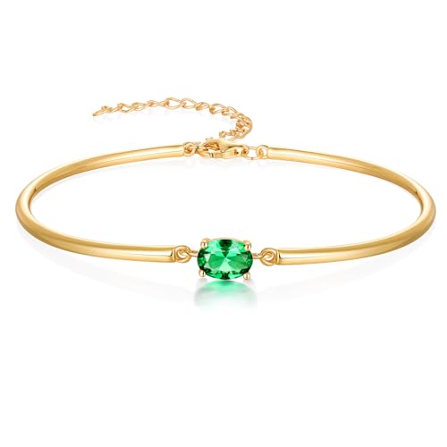 Moissanite/Sapphire/Ruby/Emerald Cuff Bracelet 1 Carat Oval Cut Center Stone Inlaid 925 Sterling Silver 14K Gold Plated Adjustable Birthstone Bangle for Women fit Wrist 5-7.5 Inch - color: Emerald Gold