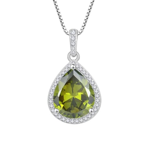 FJ Teardrop Pendant Necklace 925 Sterling Silver Birthstone Jewelry for Women - color: 08 August-Peridot