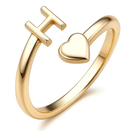 FUNRUN JEWELRY Gold Initial Ring for Women Non Tarnish 14K Gold Plated | Adjustable Letter Rings A-Z Dainty Heart Alphabet Stackable Band Rings Trendy Capital Letter Pinky Knuckle Thumb Ring - style: H Initial Ring