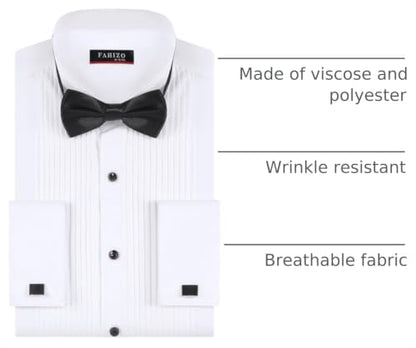 FAHIZO Men's White Tuxedo Shirt with Wing Collar, French Cuffs & Accessories - color: Bow Tie/White-a, size: XX-Large