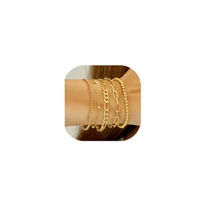 Wgoud Waterproof Gold Bracelets for Women Trendy, Dainty 14K Real Gold Plated Fashion Stackable Bracelet Sets for Women Thin Cuban Link Paperclip Chain Bracelets Layered Gold Jewelry Sets Gifts for Womens - color: 5Pcs Gold Bracelet