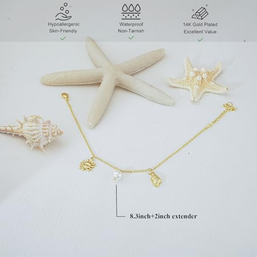 Bheop Ankle Bracelets for Women 14K Gold Silver Plated Waterproof Anklets | Evil Eye Pearl Heart Conch Shell Charm, Boho Adjustable Foot Chain, Dainty Summer Beach Jewelry Gifts, Non Tarnish - color: GD-Sun/Pearl/Conch Shell