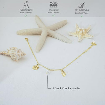 Bheop Ankle Bracelets for Women 14K Gold Silver Plated Waterproof Anklets | Evil Eye Pearl Heart Conch Shell Charm, Boho Adjustable Foot Chain, Dainty Summer Beach Jewelry Gifts, Non Tarnish - color: GD-Sun/Pearl/Conch Shell