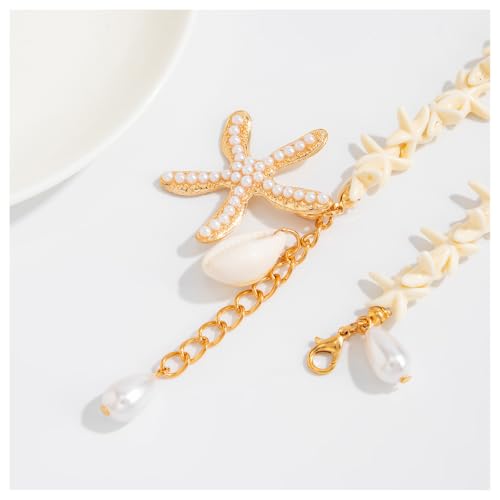 Gold Starfish Shell Pearl Charm Ankle Bracelet Summer Beach Foot Jewelry - color: White