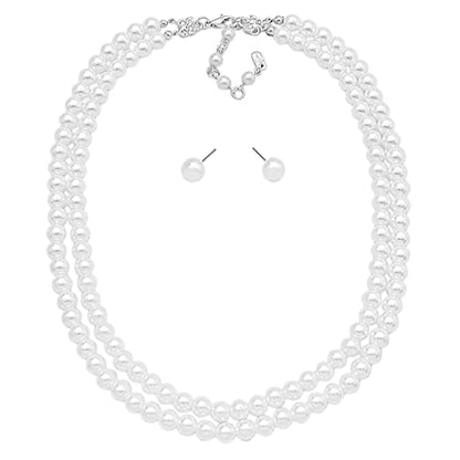 Rosemarie Collections Double-Strand Classic Simulated Pearl Necklace And Earring Set - Adjustable Faux Pearl Necklaces for Women - Elegant Jewelry for Special Occasions & Everyday Wear - color: 8mm, White Pearl Silver Tone