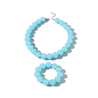 Colorful Chunky Beaded Necklace for Women Acrylic Bead Choker Necklaces Fashion Large Round Beads Necklaces for Women Handmade Summer Jewelry - color: Blue bracelet + necklace