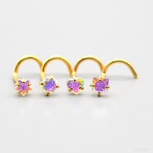 8 Pcs-Pack, Crystal Nose Studs, 20G Stainless Steel, 3mm Zircon, Multiple Shapes Zircon Labret Nose Piercing Ear Jewelry - color: Seven-Color