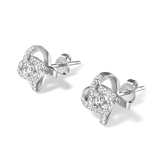 Amy & Annette Sterling Silver Love Knot Stud Earrings with Crystals | Hypoallergenic Aretes de Plata Para Mujer | 925 Sterling Silver Earring | Stud Earrings for Women | Lightweight - color: Clear