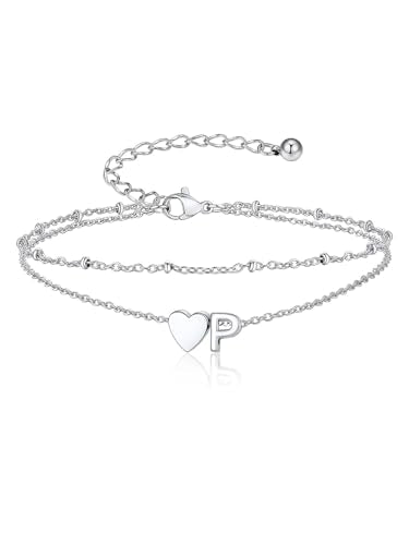 Suplight Initial Ankle Bracelets for Women 14K Gold Plate Waterproof No Tarnish Anklets Layered Heart Letter Anklet Adjustable Plus Size Foot Chain Summer Beach Boho Jewelry Silver Black 8.5-10 Inch - color: Silver, style: 16.P