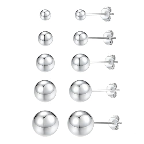 ToHeart 5 Pairs 14K Gold Silver Ball Stud Earrings for Women Studs Set | 3-7MM Studs Hypoallergenic Lightweight Small Ball Earrings Multiple Piercing Earrings Set - color: Silver