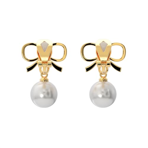 Simulated Pearl Clip On Stud Earrings - style: Gold Tone Bow with Dangling Pearls