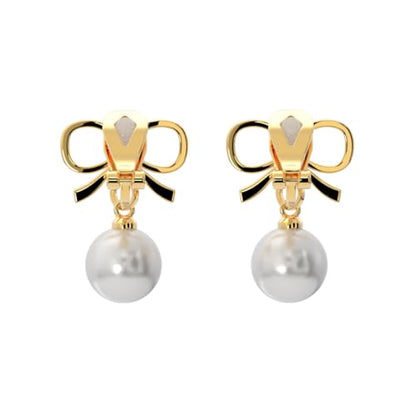 Simulated Pearl Clip On Stud Earrings - style: Gold Tone Bow with Dangling Pearls