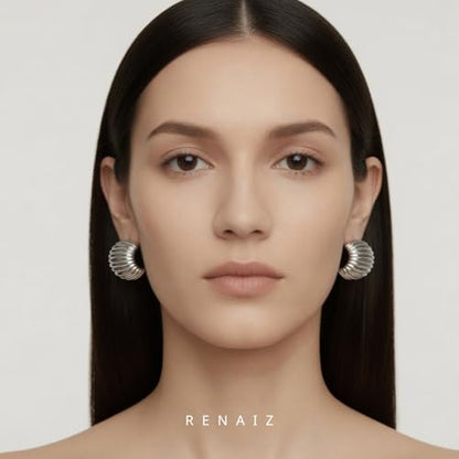 RENAIZ Bold Statement Hoop & Stud Earrings for Women – 14K Gold & Rhodium Plated Maximalist Jewelry, Chunky Geometric Boho Earrings, Hypoallergenic Non-Tarnish Trendy Gift - color: White Gold, style: Chunky