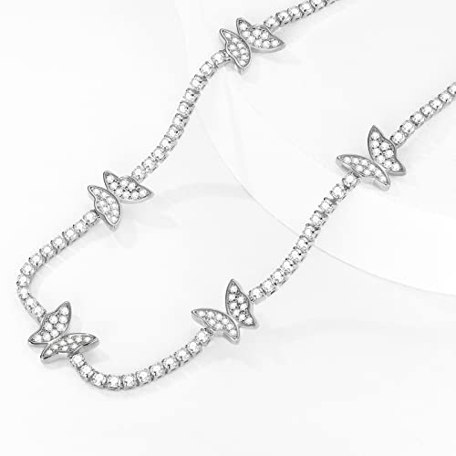 HERIER Tennis Necklace for Women 14K Gold Plated or Silver Rhinestone Choker Necklaces Dainty Zirconia Cut Faux Diamond chain 3mm - color: Silver-butterfly