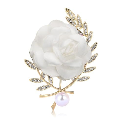 Handmade Elegant Red Rose Flower Brooch Pin for Women Crystal Pearl Fabric Flower Lapel Pin Dress Suit Accessories - color: White A