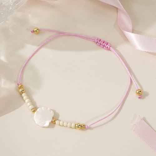 Boho Glass Seed Beaded Bracelets For Women, Handmade Romantic Gold Plated charm String Braided Rope Adjustable Jewelry, Summer Beach Daily Party Friendship Gift - color: Pink Shell