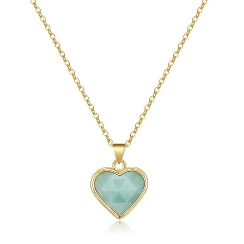 KissYan Healing Crystal Necklace, 14K Gold Plated Natural Stone Pendant Necklace Reiki Quartz Amethyst Citrine Gemstone Spiritual Jewelry Gifts for Women Girls - color: B-Amazonite-Heart