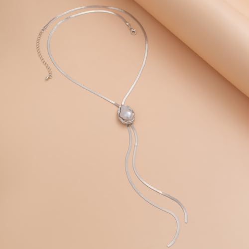FUTIMELY Dainty Long Gold Necklace for Women,Thin Herringbone Chain Necklace,Long Lariat Necklace Body Jewelry - color: Pearl Silver