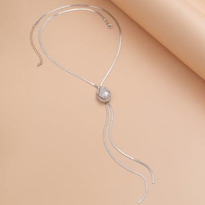 FUTIMELY Dainty Long Gold Necklace for Women,Thin Herringbone Chain Necklace,Long Lariat Necklace Body Jewelry - color: Pearl Silver