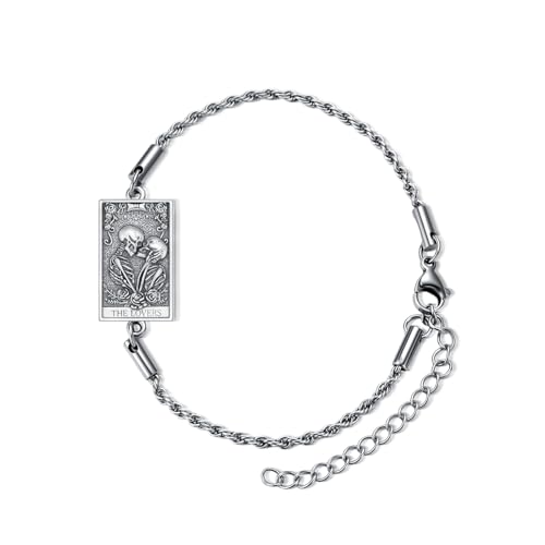 PELOVNY Tarot Card Bracelet 925 Sterling Silver Moon Cat Sun Sunflower Lovers Skull Pendant Lion Anklet Spiritual Tarot Jewelry Christmas Birthday Gifts for Women Men - style: Lovers_7" to 9"