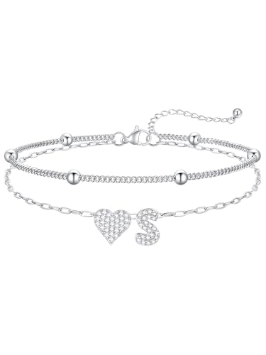 FaithHeart Initial Ankle Bracelets for Women Waterproof, Silver/Black/14k Gold Plated CZ Heart Initial Anklets Non Tarnish Stainless Steel Anklets for Women - color: Silver, size: Initial S