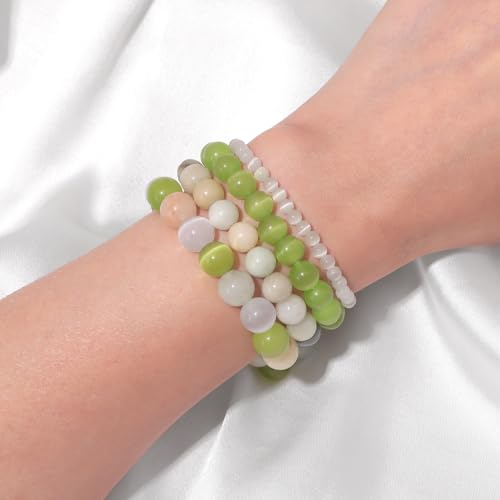 Vinswet 4pcs Beaded Bracelets for Women,Natural Healing Crystal Gemstones Bracelet,Anxiety Stress Relief Bracelet Handmade purple Jewelry Gifts for Women - color: Cat Eyes&Cyan cat eyes&Amazonite