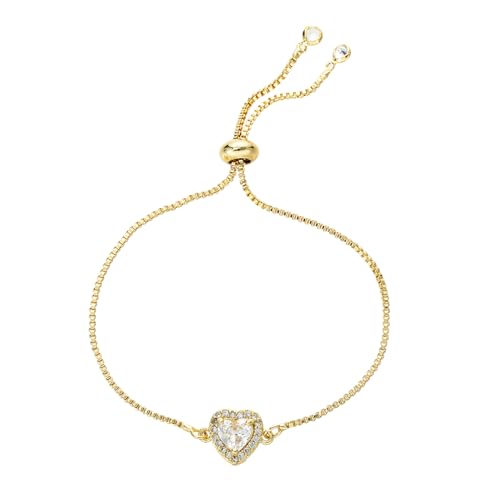 14K White Gold Plated Heart Bracelet for Women Elegant Zircon Inlay Heart Charm Box Chain Bracelet Adjustable Length Minimalist Jewelry