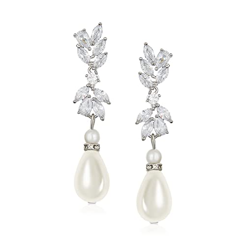 SWEETV Cubic Zirconia Pearl Drop Wedding Earrings for Brides, Ivory Bridal Pearl Earrings for Bridesmaid Jewelry Gift - color: 06.Style 6