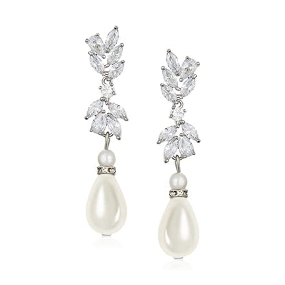 SWEETV Cubic Zirconia Pearl Drop Wedding Earrings for Brides, Ivory Bridal Pearl Earrings for Bridesmaid Jewelry Gift - color: 06.Style 6
