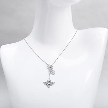 18K Gold Plated Stainless Steel Bee Honeycomb Pendant Necklace, Adjustable Y Lariat Conch/Guitar/Horseshoe Necklace for Women - color: Silver, style: Bee