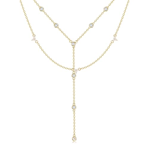 Dochais Dainty Gold Layered Necklace for Women, 14K Gold Plated Y Necklace & Chain, Dainty Lariat Long Necklaces, Trendy Cubic Zirconia Choker, Sun, Heart, Pearl & Cross Pendant Necklace, Jewelry Gift - color: Y Layered CZ Necklace-GD