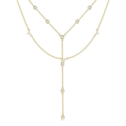 Dochais Dainty Gold Layered Necklace for Women, 14K Gold Plated Y Necklace & Chain, Dainty Lariat Long Necklaces, Trendy Cubic Zirconia Choker, Sun, Heart, Pearl & Cross Pendant Necklace, Jewelry Gift - color: Y Layered CZ Necklace-GD