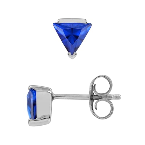 Silvershake Petite 5MM Triangle Shape Gemstone White Gold Plated or Yellow Gold Plated 925 Sterling Silver Minimalist Trendy Chic Geometric Stud Earrings Jewelry for Women - color: Created Blue Sapphire