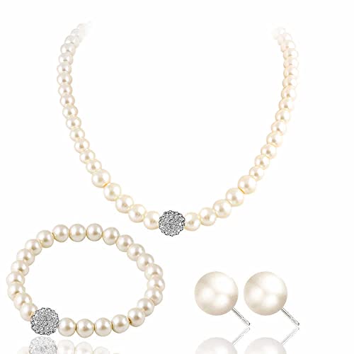 tenghong2021 Fashion Classic Faux Pearl Jewelry Set Necklace Bracelet Earrings for Women Best Gift - color: Beige CZ