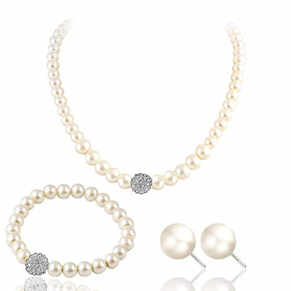 tenghong2021 Fashion Classic Faux Pearl Jewelry Set Necklace Bracelet Earrings for Women Best Gift - color: Beige CZ