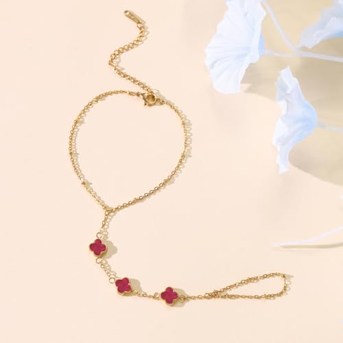 Hand Chain Bracelets for Women 14K Gold Plated Dainty Link Bracelet Bracelets Trendy Ring Bracelet Birthday Jewelry Gifts for Women - style: Red Clover
