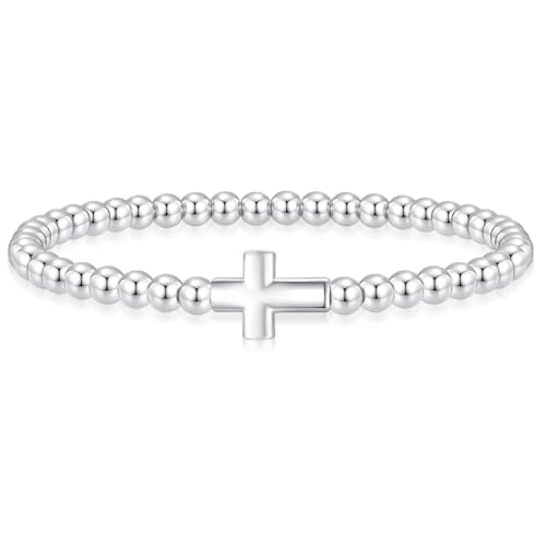 Beaded Bracelets for Women 14K Silver Gold Plated Stretch Handmade Ball Bracelets Cute Charm Bracelet Dainty Stackable Cross Heart Bow Wave CZ Circle Trendy Jewelry Easter Gifts - color: cross-silver
