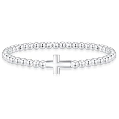 Beaded Bracelets for Women 14K Silver Gold Plated Stretch Handmade Ball Bracelets Cute Charm Bracelet Dainty Stackable Cross Heart Bow Wave CZ Circle Trendy Jewelry Easter Gifts - color: cross-silver