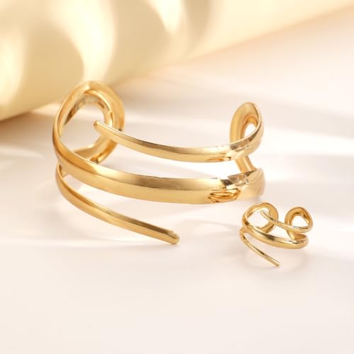 Chunky Gold Bangle Bracelet Ring Set for Women Chunky Wide Cuff Bracelets Trendy Geometric Open Statement Bracelet Ring Set Dainty Minimalist Jewelry - color: Gold