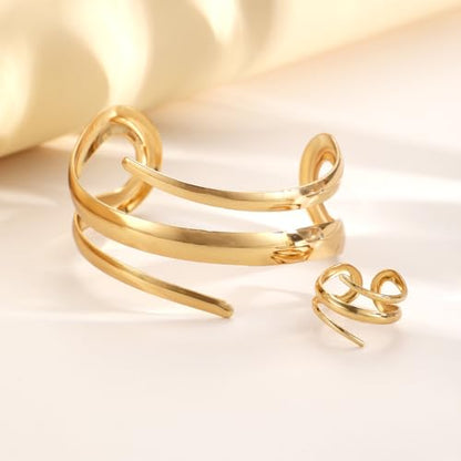 Chunky Gold Bangle Bracelet Ring Set for Women Chunky Wide Cuff Bracelets Trendy Geometric Open Statement Bracelet Ring Set Dainty Minimalist Jewelry - color: Gold