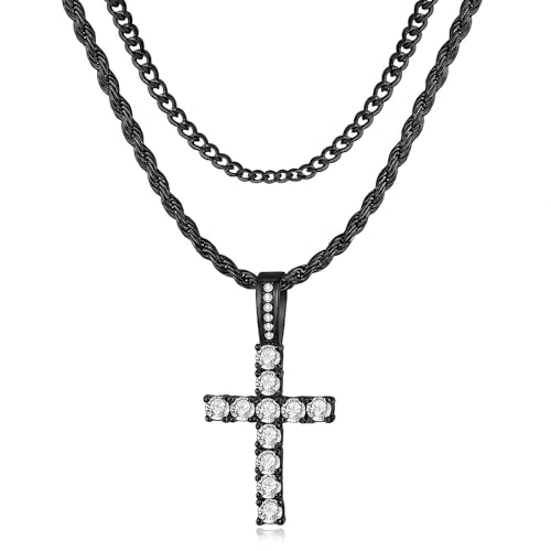 GEMOSA Cross Necklace for Men, Cuban Link Layered Rope Chain Silver/Gold/Black - color: Black Gold, size: 22/24inch