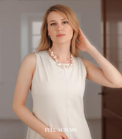 Pearl Choker Necklace for Women Boho Beaded Statement Necklace with Black White Large Freshwater Pearls Silver Fashion Jewelry Gift - color: Pink