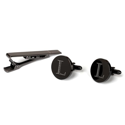 Mens Initial Cufflinks and Tie Clip A-Z Alphabet Letter Black Stainless Cuff Links Tie Bar with Engraved Walnut Wood Box Groom Groomsman Wedding Set - style: Classic-L