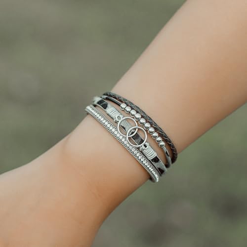 Chunky Boho Leather Wrap Bracelets Cowgirl Beaded Circle Western Jewelry | Stackable Infinity Layered Bohemian Magnetic Clasp Cuff Statement Fashion Colorful Country Hippie Outfits for Women Trendy - color: Grey Leopard