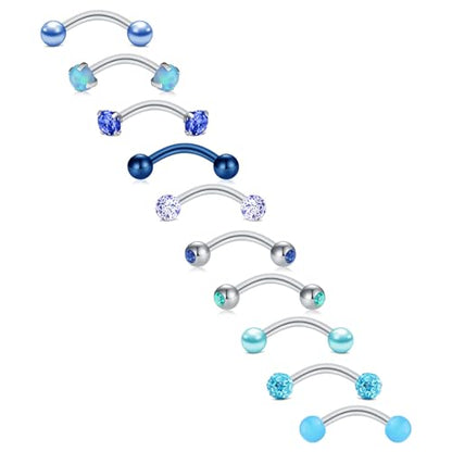 FECTAS 10PCS Eyebrow Rook Piercing Jewelry 16G Earrings Vertical Labret Lip Jewelry Curved Barbell Eyebrow Rings Tiny Small Belly Rings Ear Rook Helix Conch Daith Piercing Jewelry - color: blue
