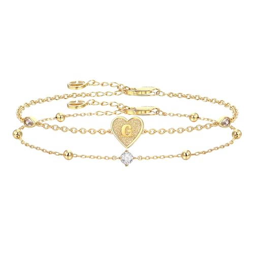 Cicy Bell Gold Heart Initial Bracelets for Women Gifts Dainty 18K Gold Plated Cubic Zirconia Personalized A-Z Name Chain Link Charm Bracelet Non Tarnish Birthday Jewelry Gifts for Her - color: Style 1-G-Gold