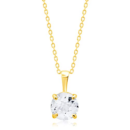 MAX + STONE 14k White or Yellow Gold Gemstone Round Pendant Necklace for Women 6mm Solitaire Birthstone with 18 Inch Cable Chain - color: Genuine White Topaz