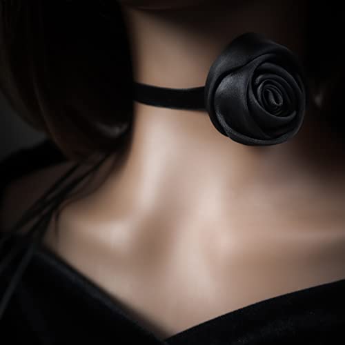 Black Choker Camellia Flower Lace-up Necklace For Women - color: Black rose